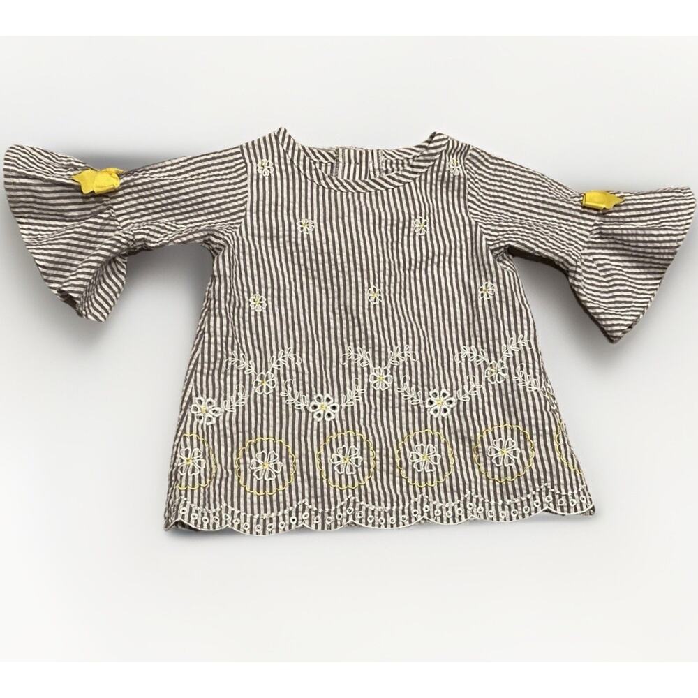 Rare Editions 12 Month Girl Striped Seersucker Top W/Eyelets Bows Scalloped Edge